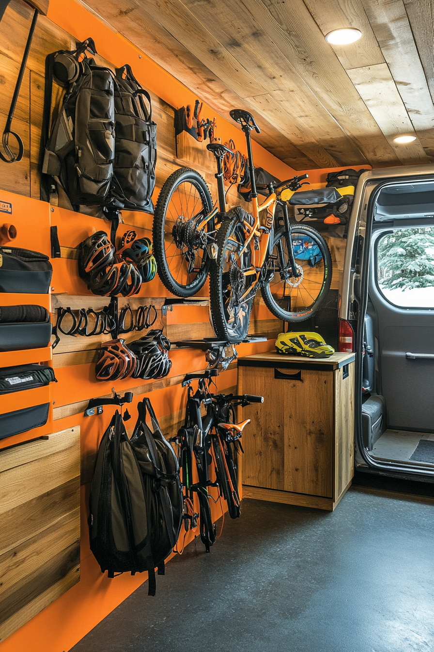 Adventure Van Storage. Wall-mounted bike mount with under-rack ski storage and adjacent drying station.