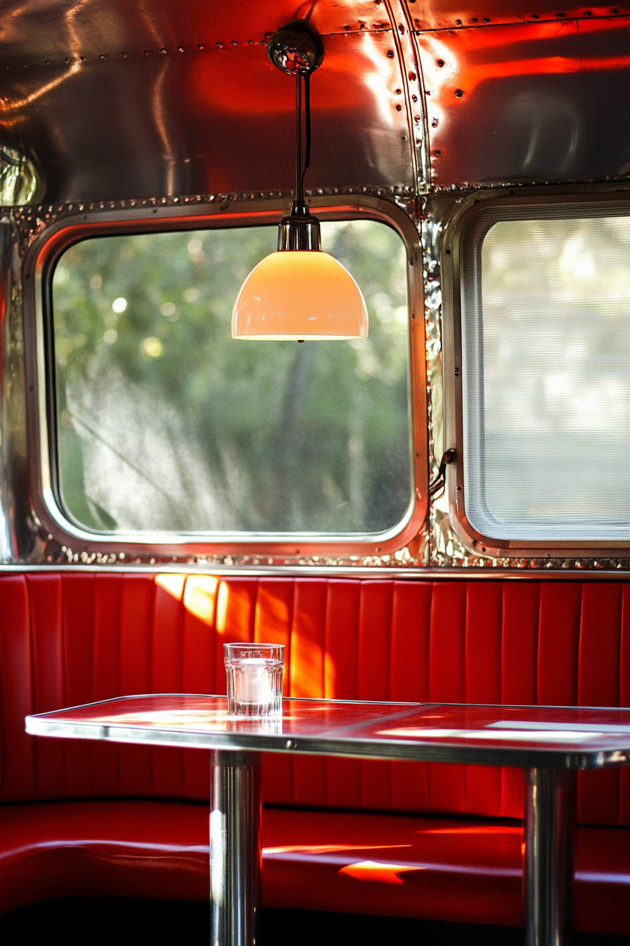 Vintage airstream dining nook. Red vinyl bench and chrome-finished window fixtures.