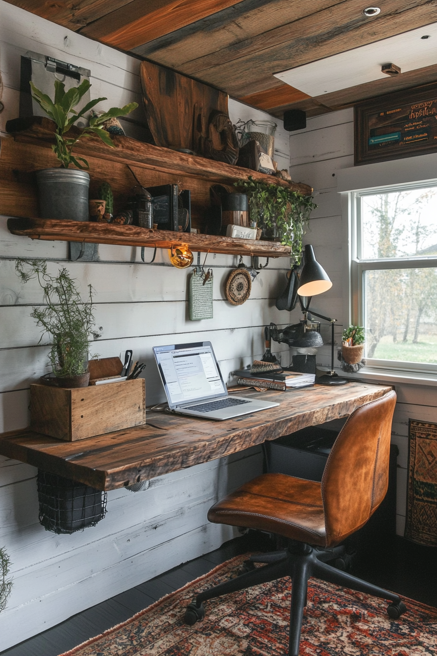 Sustainable Sprinter van office. Wall-mounted reclaimed wood desk, hemp throw rug.