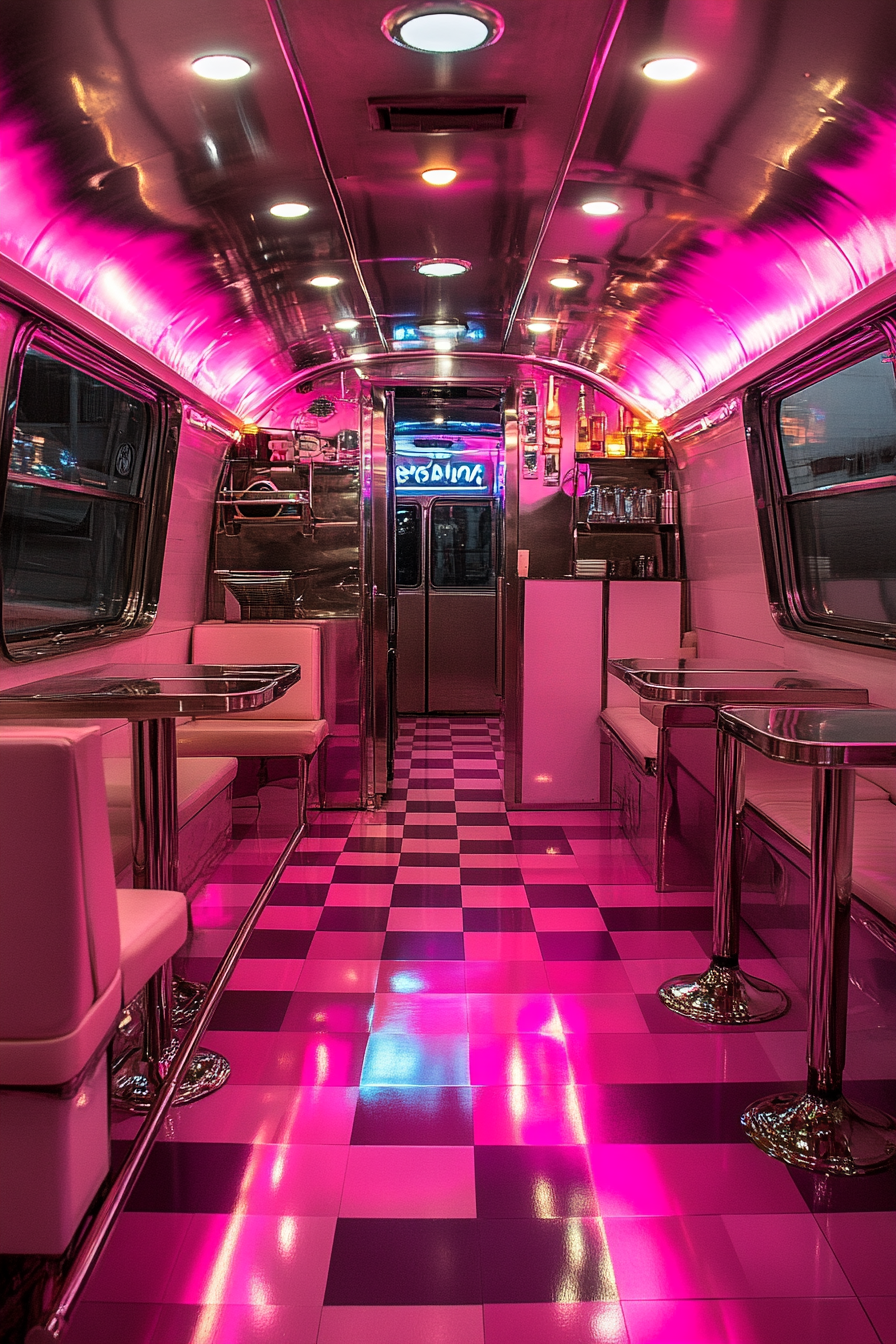 Camper dining space. neural colored-checkered floor, nostalgic neon sign, shiny chrome accents.