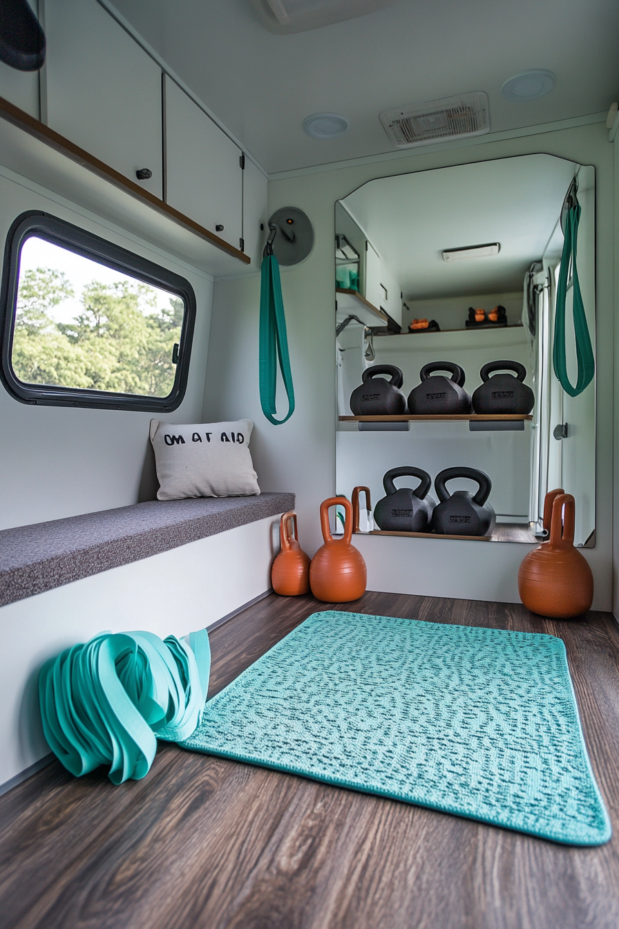 Minimalist camper exercise room. Mirrored wall, chestnut brown Kettlebell set, aquamarine-colored foldable resistance bands.