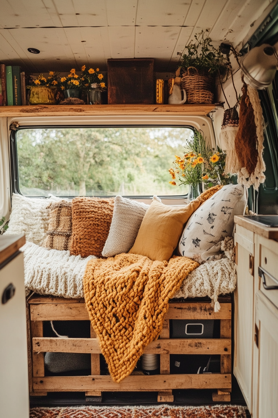 Eco-friendly van reading corner. Handwoven organic mohair throw draped over repurposed wooden crate shelves.