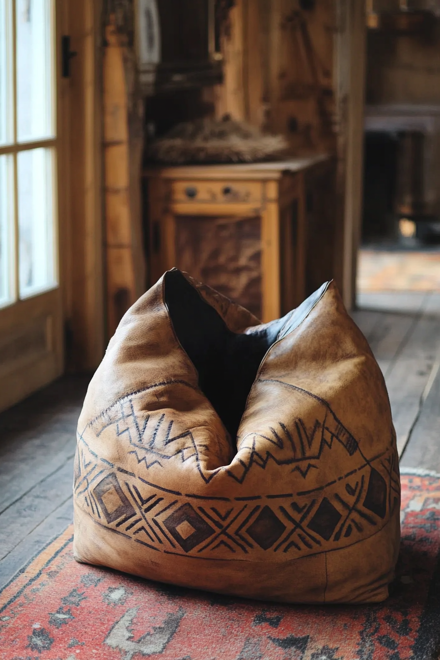 Van Bedroom. Distressed leather beanbag with engraved Navajo patterns.