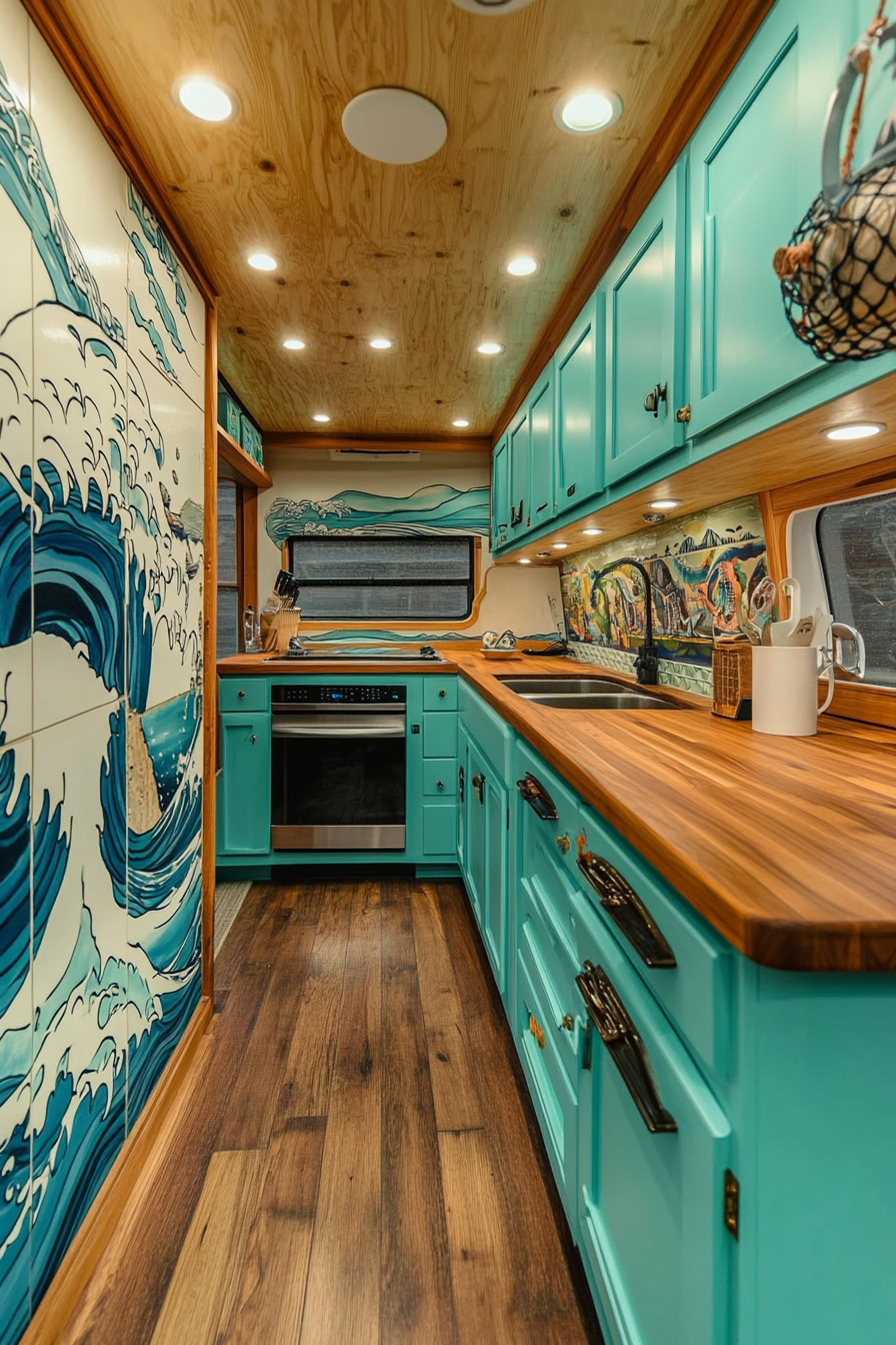 Retro Surf Van Kitchen. Aqua cabinets, wood counters, wave art tiles.