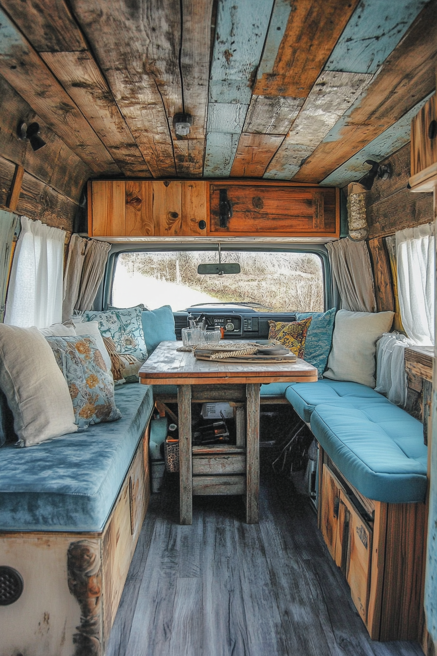 Van dining area. Driftwood-dominant decor, ocean-blue seats, and foldable wall-mounted table.