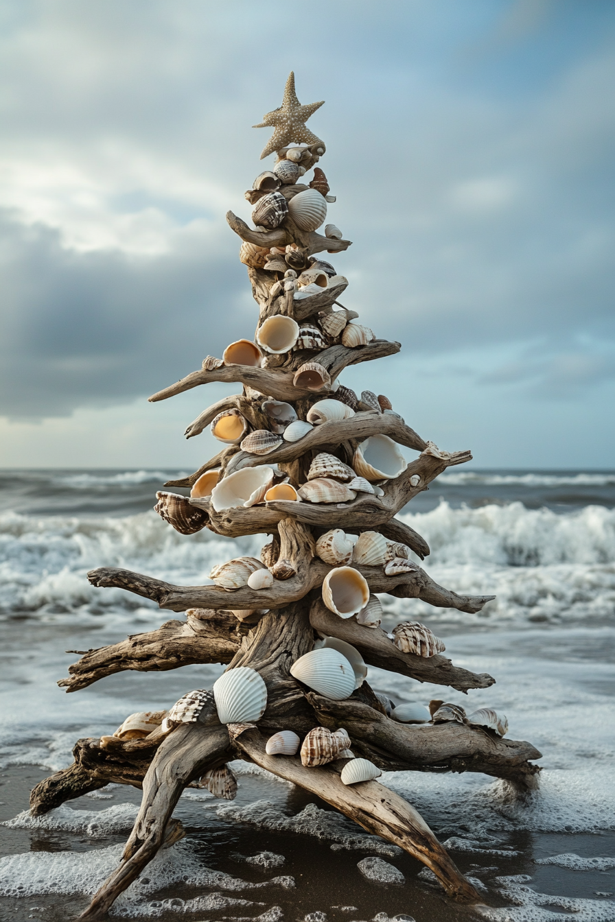 Holiday décor. Driftwood tree with shell ornaments, wide-angle view of winter beach waves.