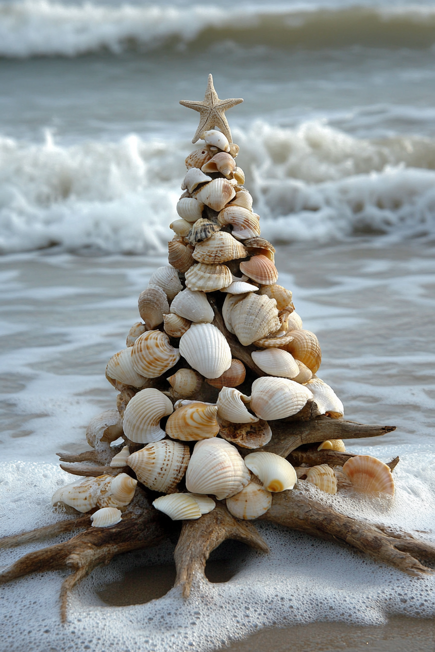 Holiday decor. Shell ornaments and driftwood tree on a beach, facing winter waves.