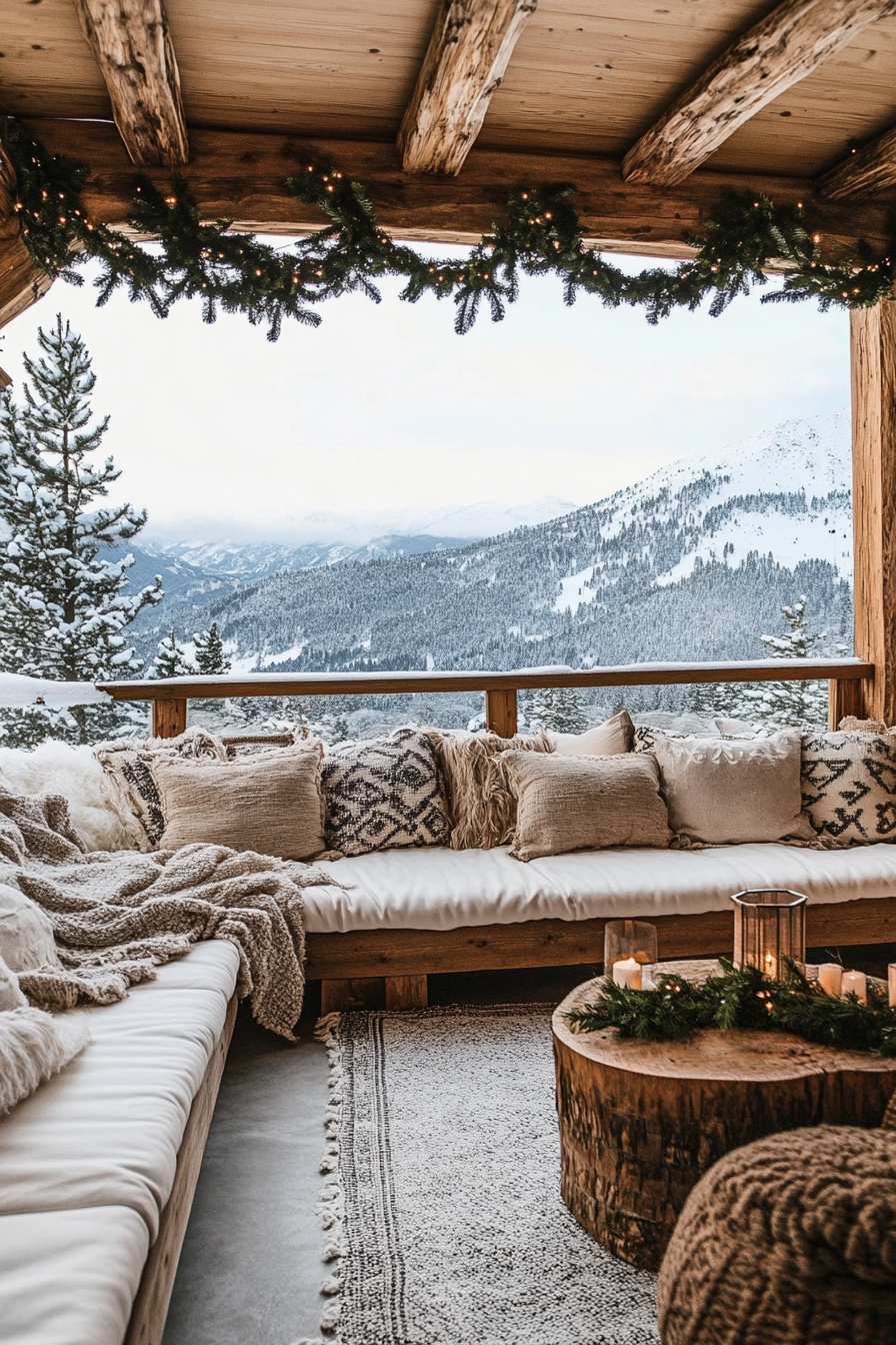 Farmhouse style space. Pine garlands, wooden ornaments, wide angle overlooking snowy mountains.