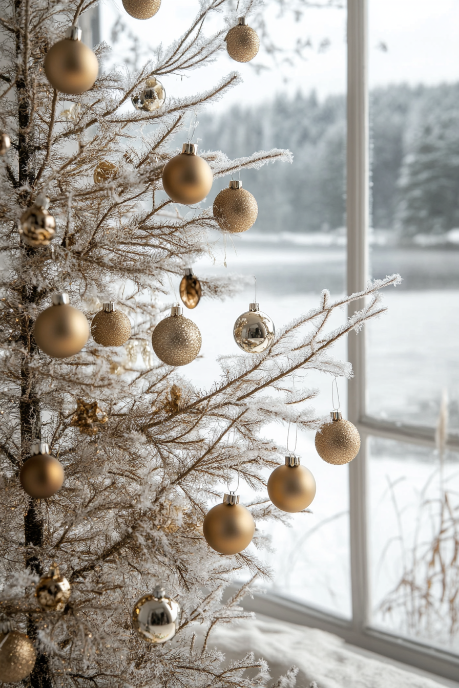 Retro-styled holiday interior. Aluminum tree adorned with dull gold baubles by frosted lake-view window.