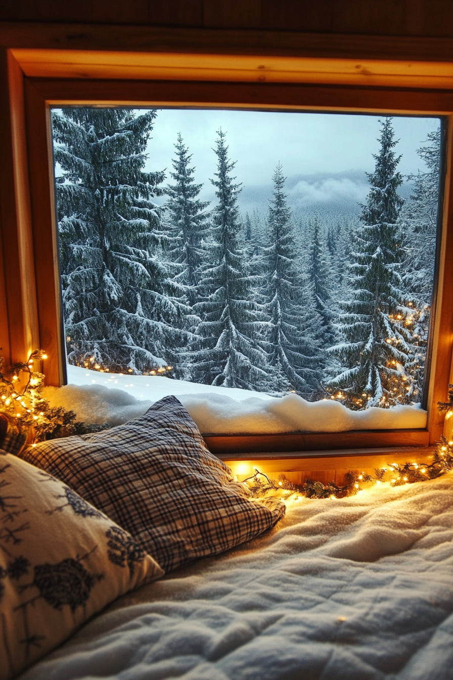 Festive sleeping nook. Wide angle view of snow-covered fir trees from flannel bed with lights.