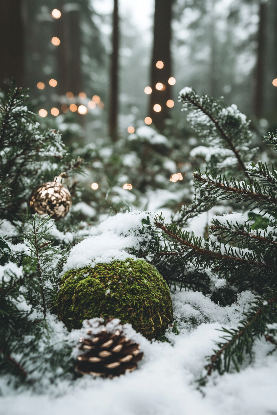 Wide angle holiday space. Woodland decoration with moss details amidst snowy pines.