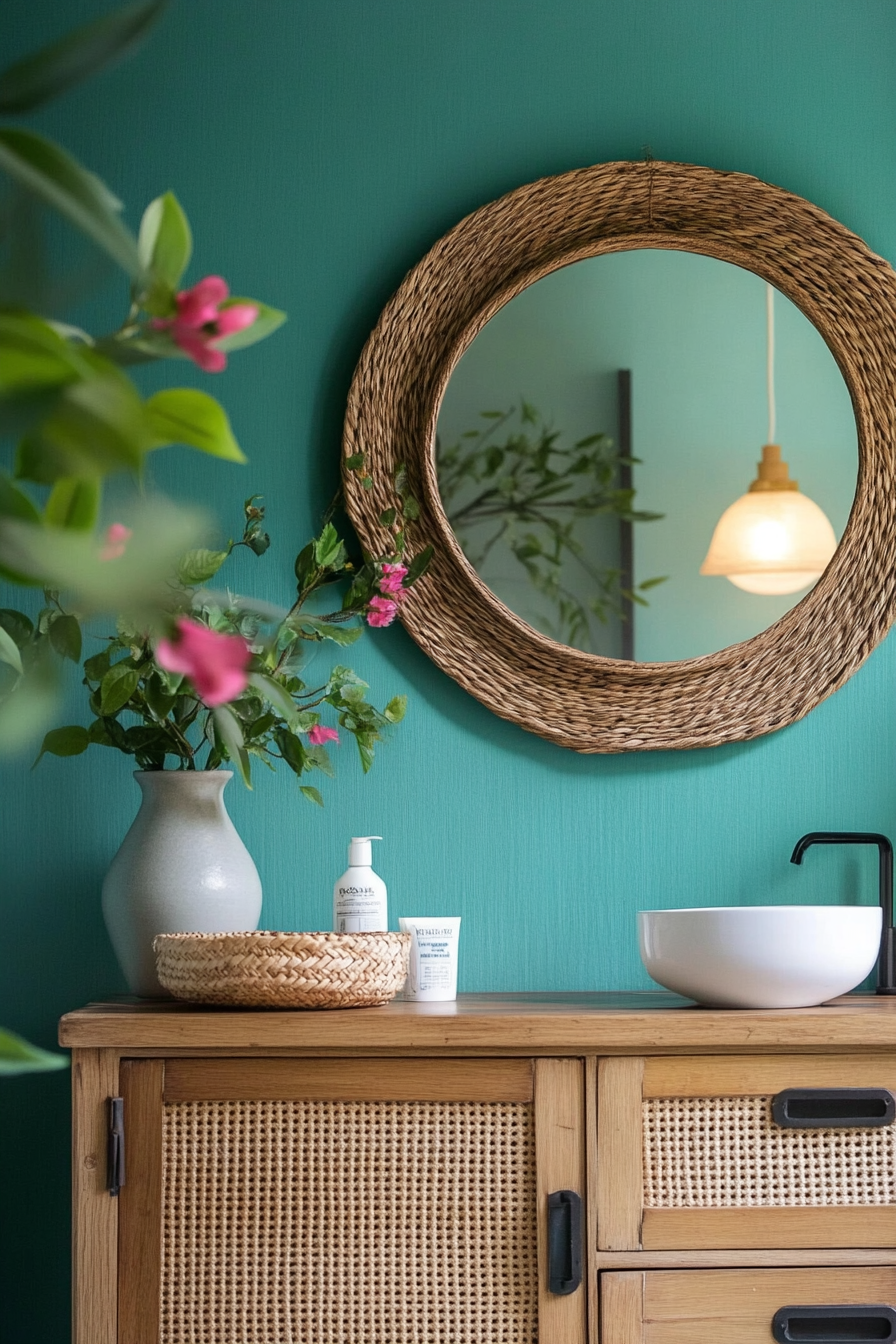 Bohemian van vanity. Turquoise wall, mounted oak mirror, woven rattan storage, soft ring light.