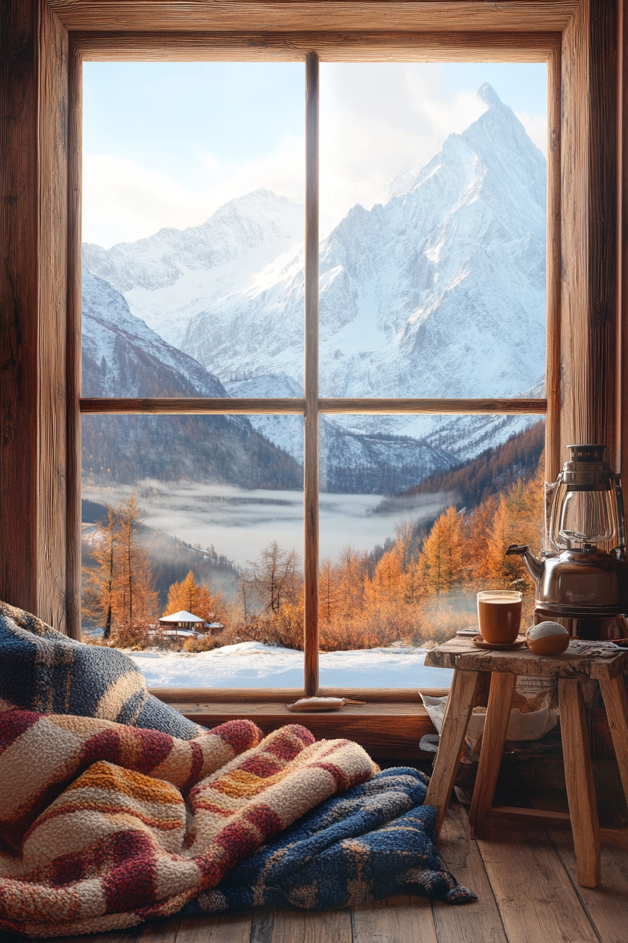 Ski lodge interior. Wool blankets, hot cocoa stand, viewing window towards snow-capped mountains.