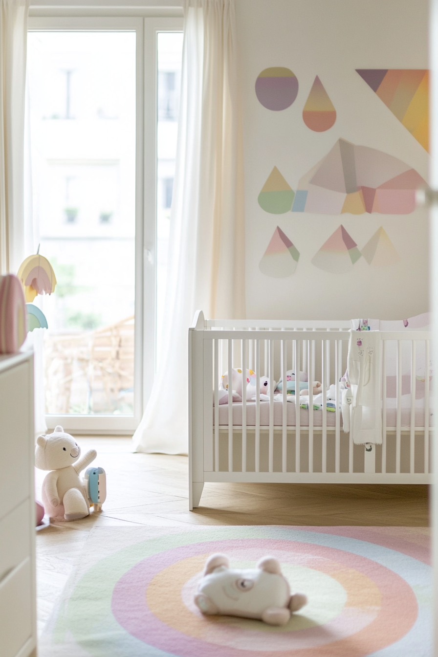 Wide angle view of baby space. Pastel rainbow-patterned nursery with white geometrically shaped toys.