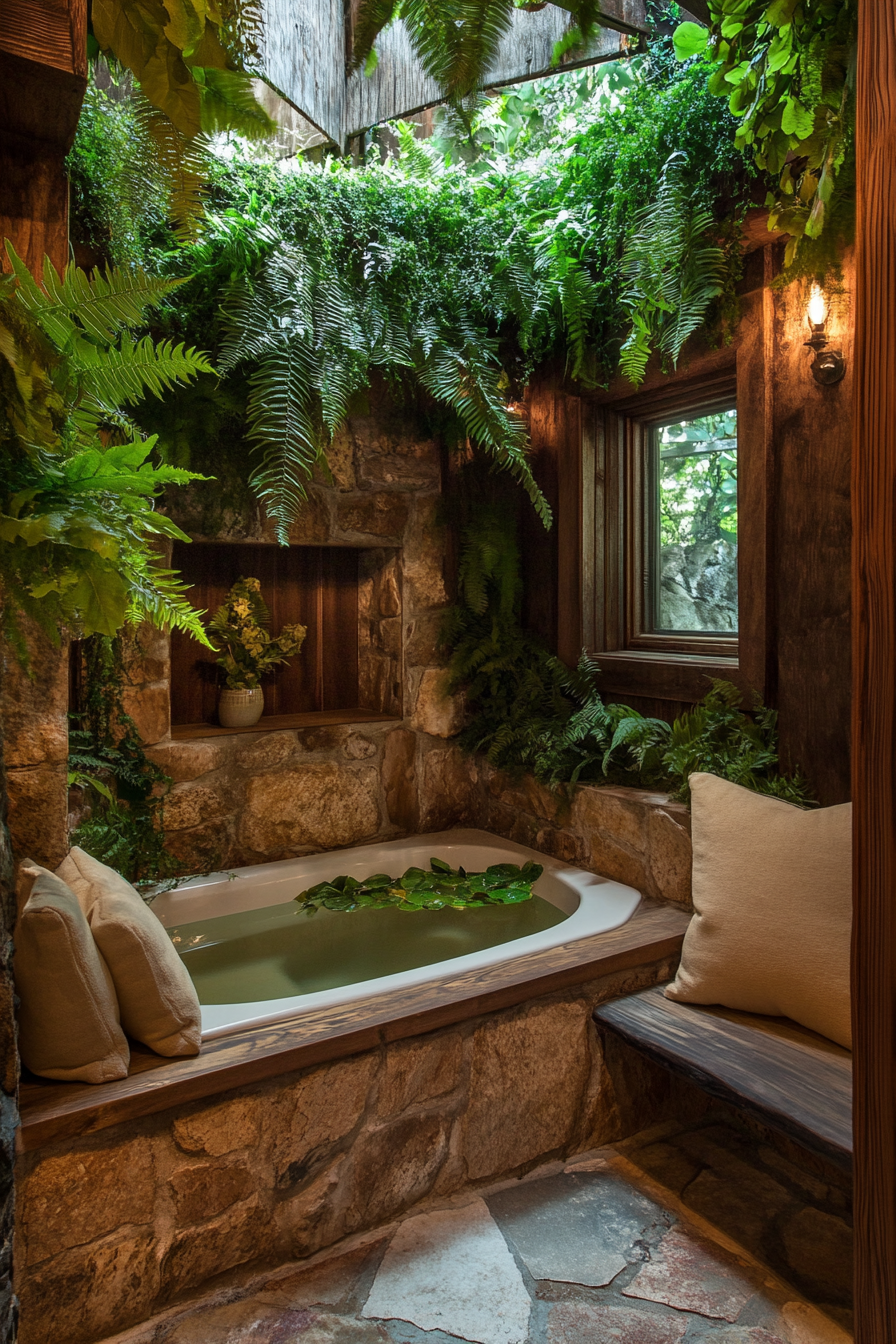 Tiny bathhouse. Cedarwood soaking tub with ivy covered walls, hanging fern and meditation bench.