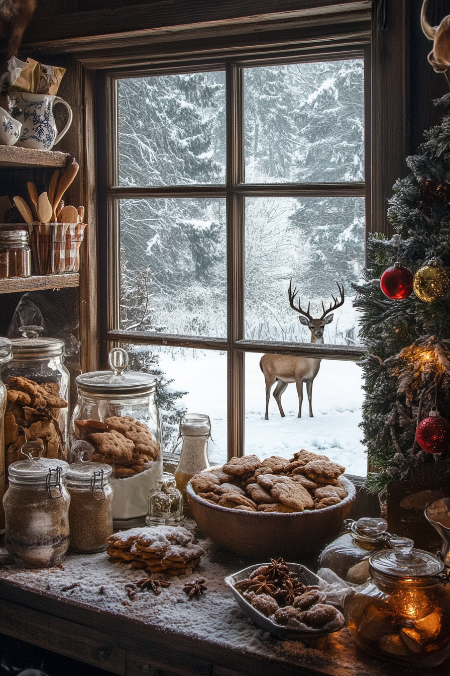 Holiday baking scene. Cookie station, spice storage, deer in snow-covered meadow through window.