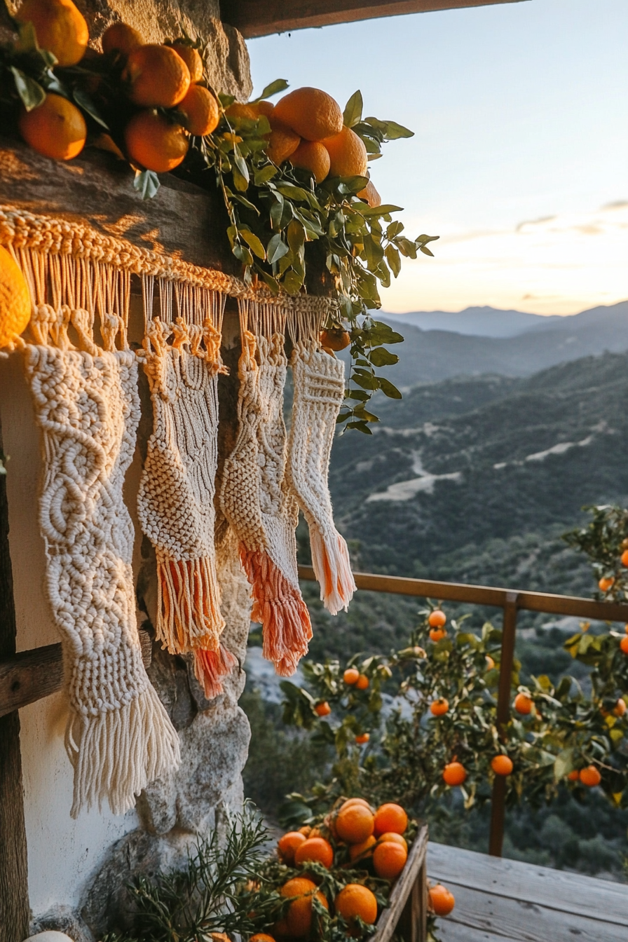 Eclectic holiday space, macramé stockings, dried orange garlands, overlooking mountain sunset.