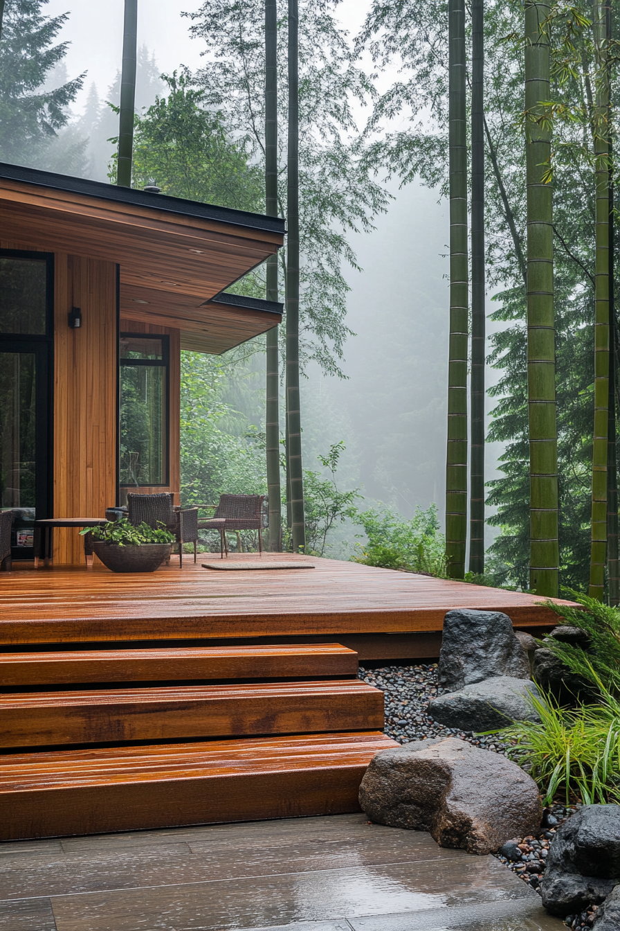 Wide angle view. Minimalist tiny house deck. Bamboo screens. Rock garden. Misty bamboo forest.