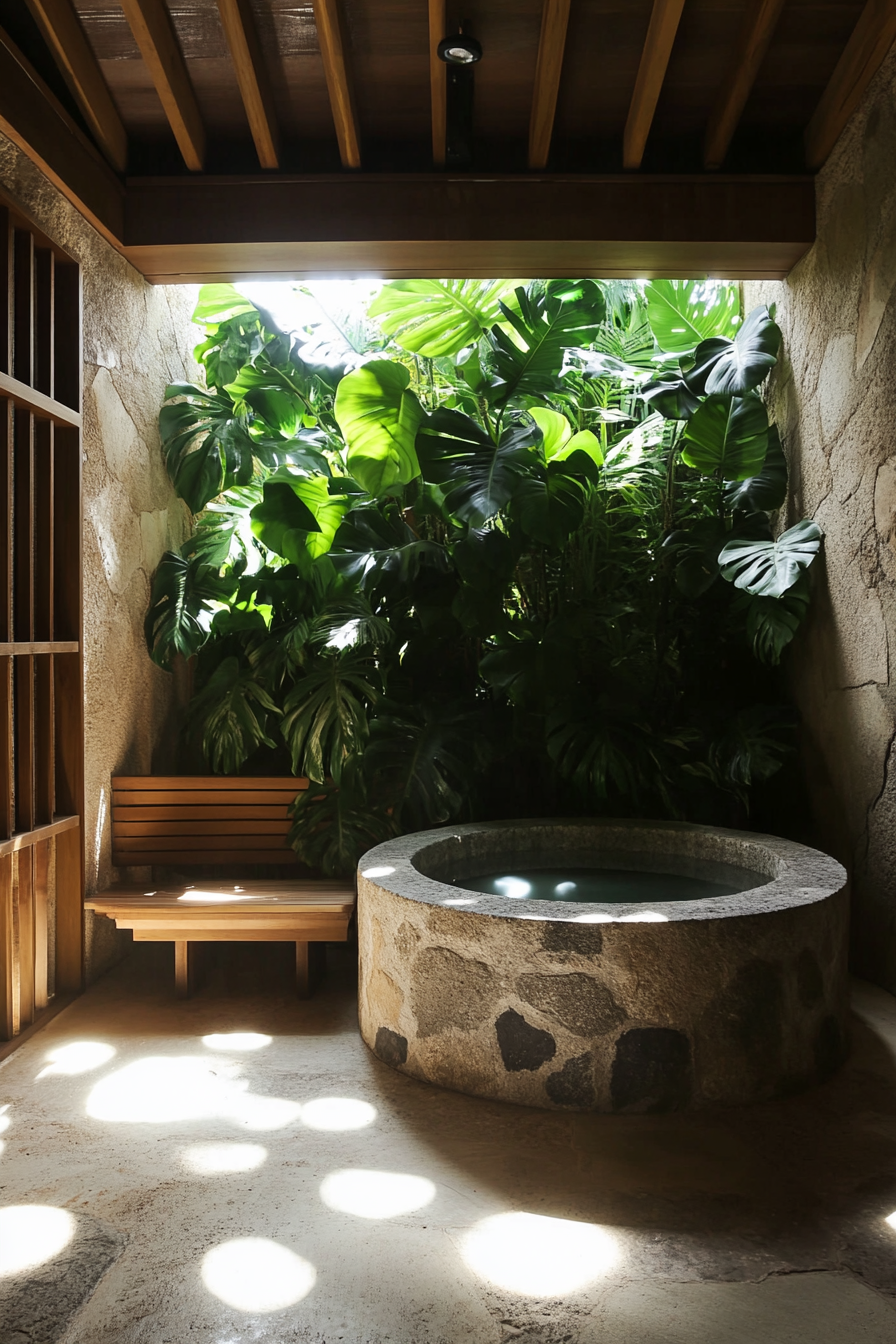 Tiny bathhouse. Stone soaking tub surrounded by lush monstera plant wall and bamboo meditation bench.