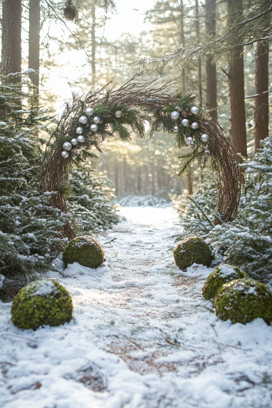 Whimsical holiday space. Snowy pines framing moss covered woodland decorations in wide angle view.