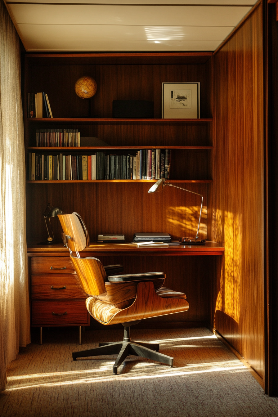 Wide angle mobile workspace. Walnut-panelled nook, vintage Eames chair, backlit.