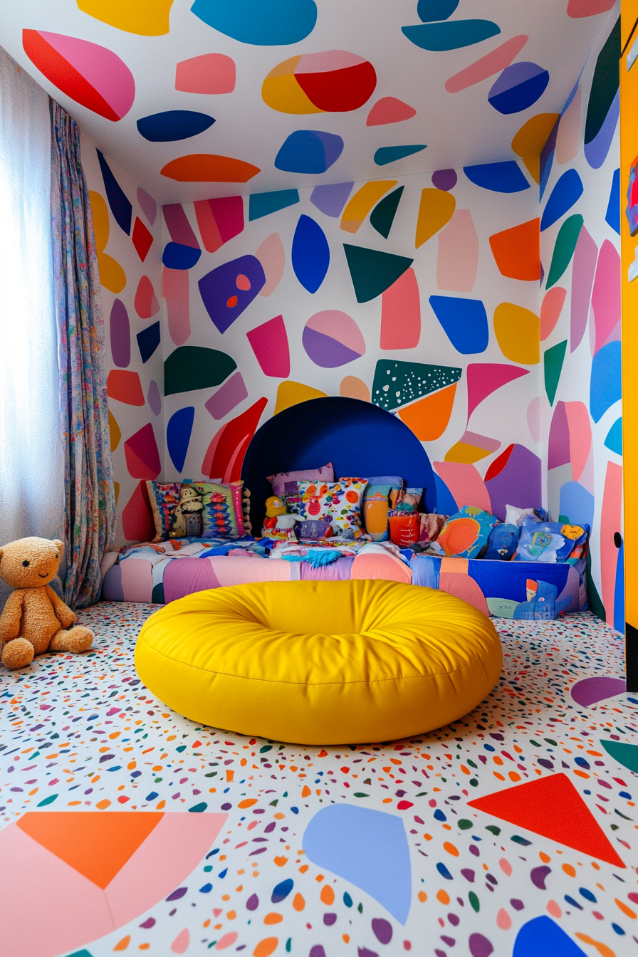 Wide angle view of baby space. Vibrantly colored shape-pattern wallpaper with yellow bean bag.