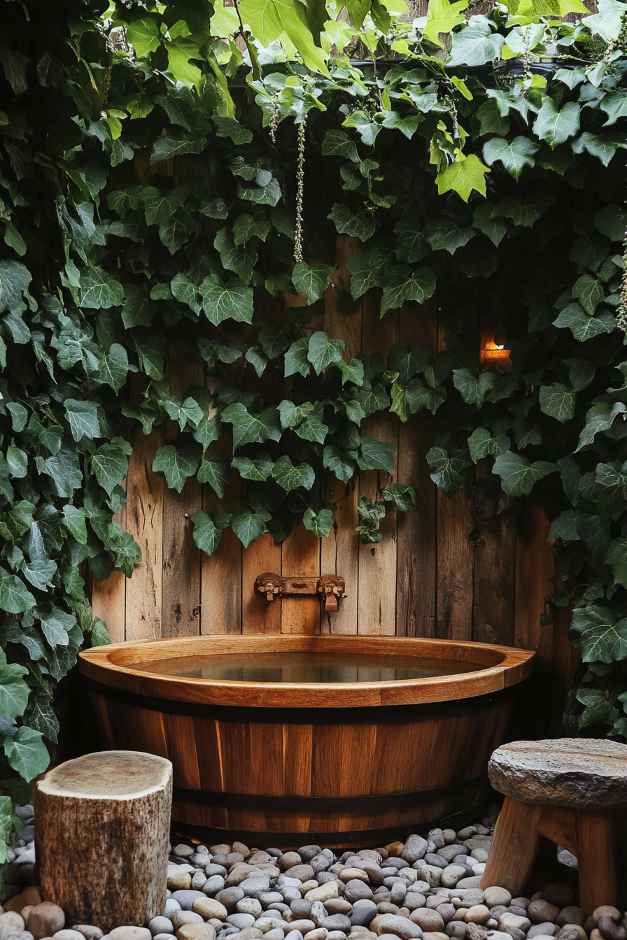 Tiny bathhouse. Oak soaking tub, ivy plant wall, sandstone meditation bench.