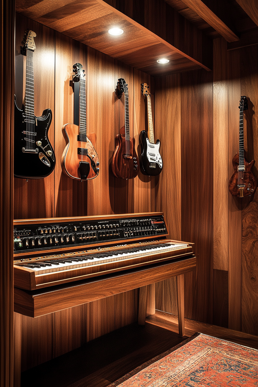 Tiny Music Room. Vertical wood paneling, mounted keyboard, walnut guitar display wall, eggshell soundproofing.