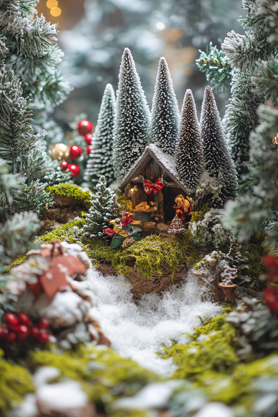 Wide angle holiday scene. Woodland decorations, moss, snowy pines.