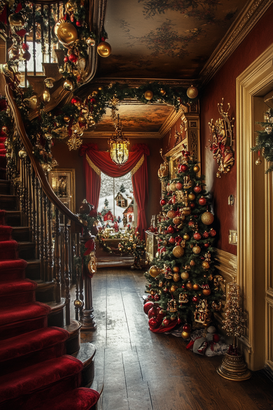 Wide angle elegant Christmas interior. Vintage ornaments, velvet ribbons, snow-covered village.