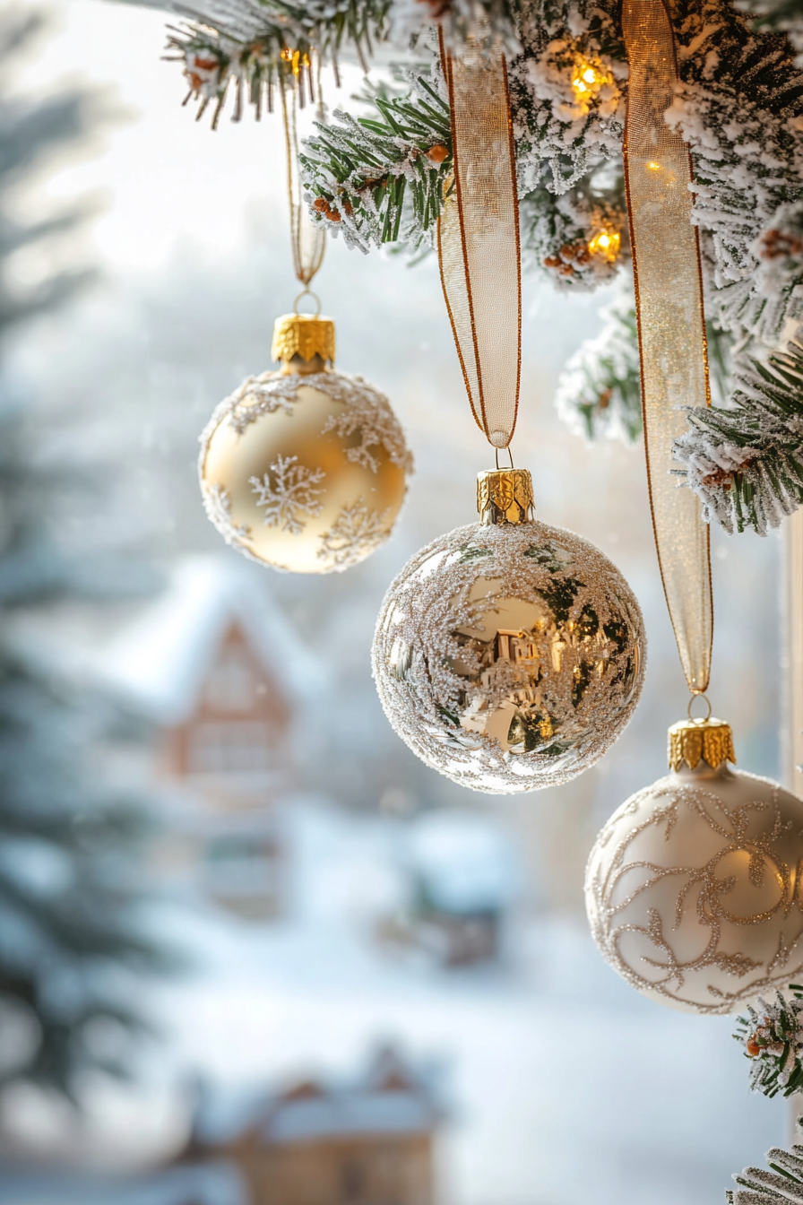 Wide-angle view. Christmas interior, vintage ornaments, velvet ribbons, background of snow-covered village.