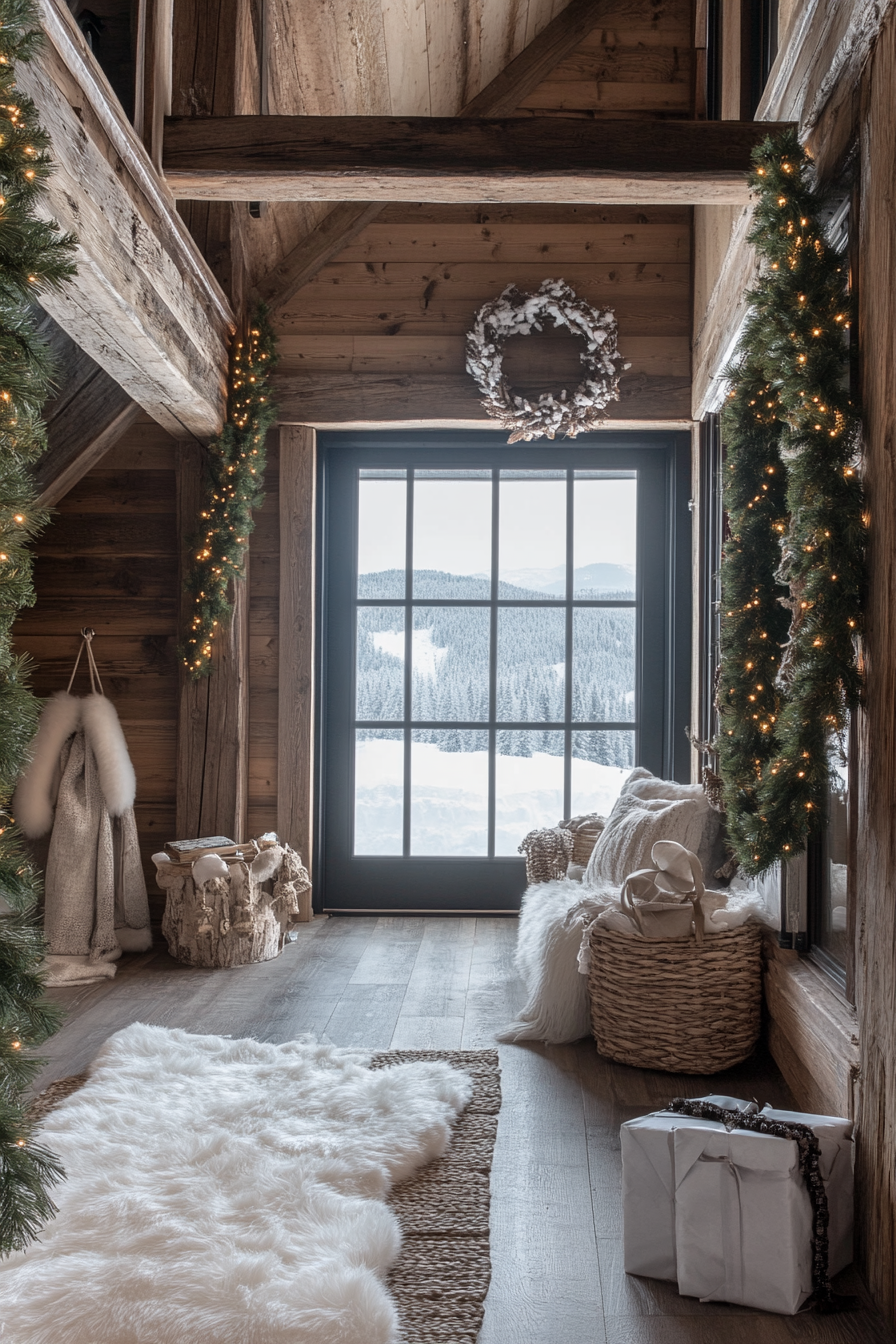 Farmhouse-style space. Pine garlands, wooden ornaments, snowy mountain panorama.