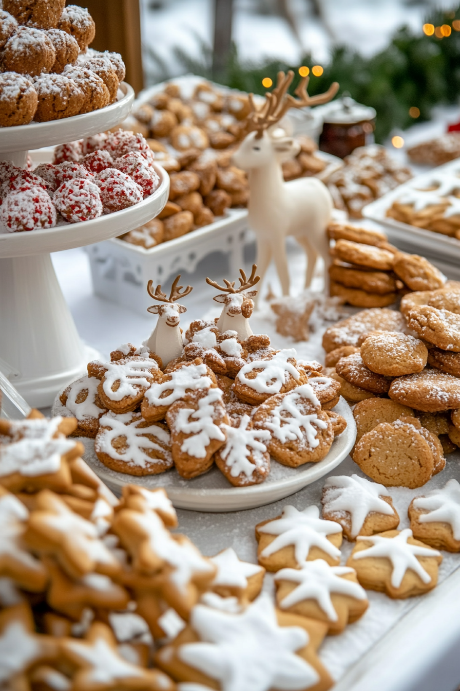 Wide angle view. Cookie station with spice rack and frolicking reindeers on snow covered field.