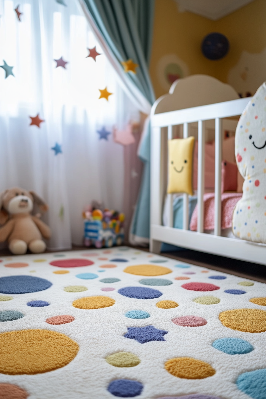 Wide angle view. Baby space with multicolor polka-dot patterned saturn rug and smiling star decals.