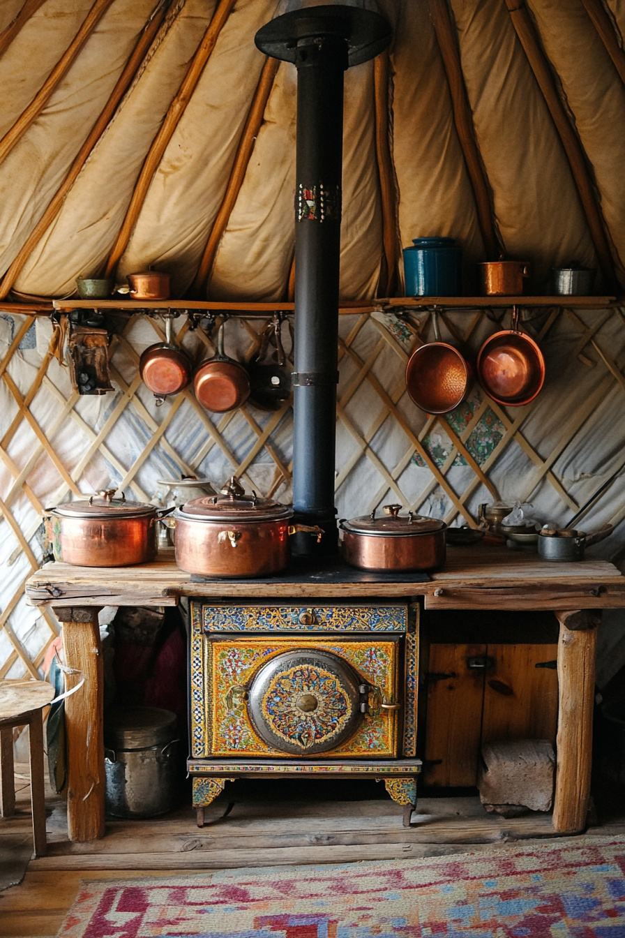 Alpine-style yurt kitchen. Rough wooden stove with ornate copper pots.