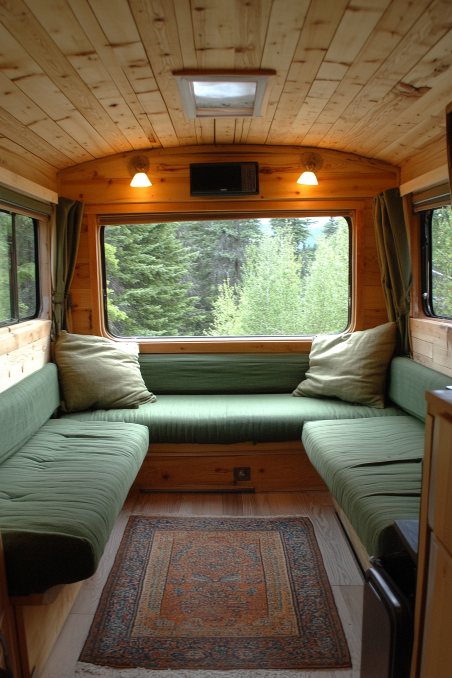 Van lounge. Pine paneling, forest-view window, green camp chairs.