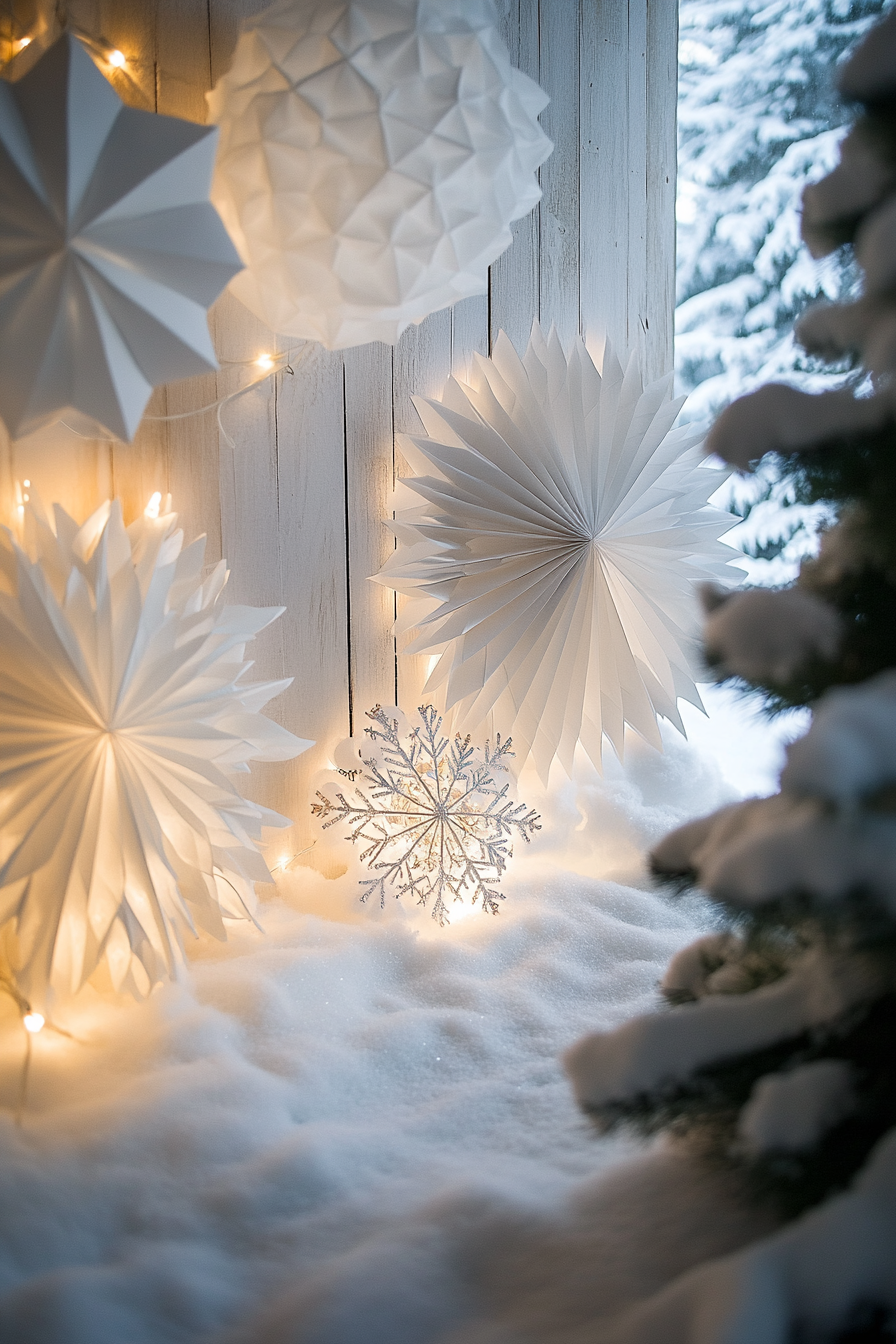 Wide angle view. White lights, paper snowflakes, modern Christmas décor, and frost-covered valley.