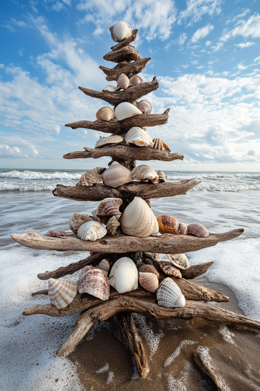 Holiday decor. Driftwood tree with shell ornaments, winter beach waves in wide-angle view.