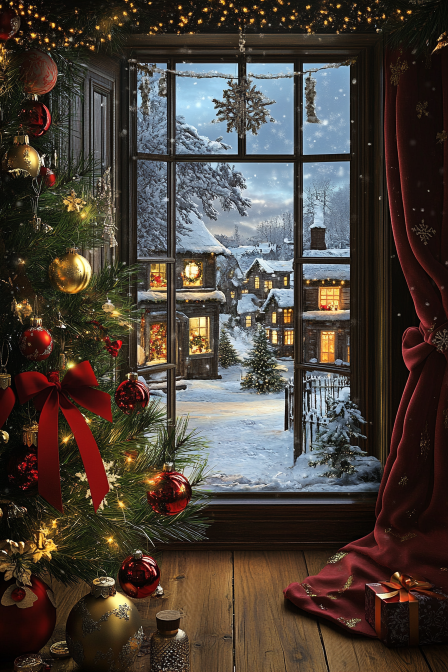 Wide angle Christmas interior. Vintage ornaments, velvet ribbons on crimson pine, snowy village view.