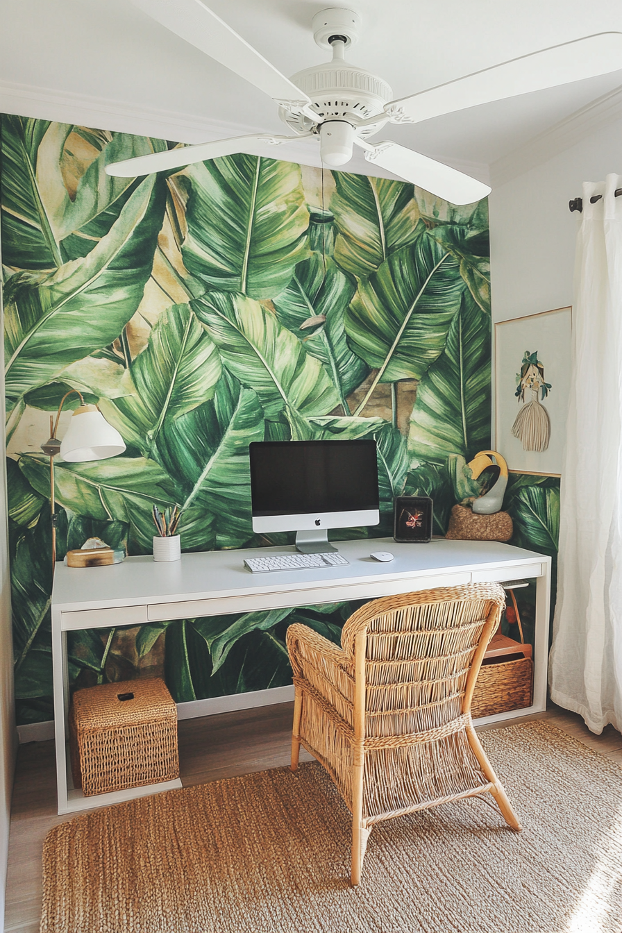 Tropical modern tiny office. Green leaf mural, open rattan desk, white ceiling fan.