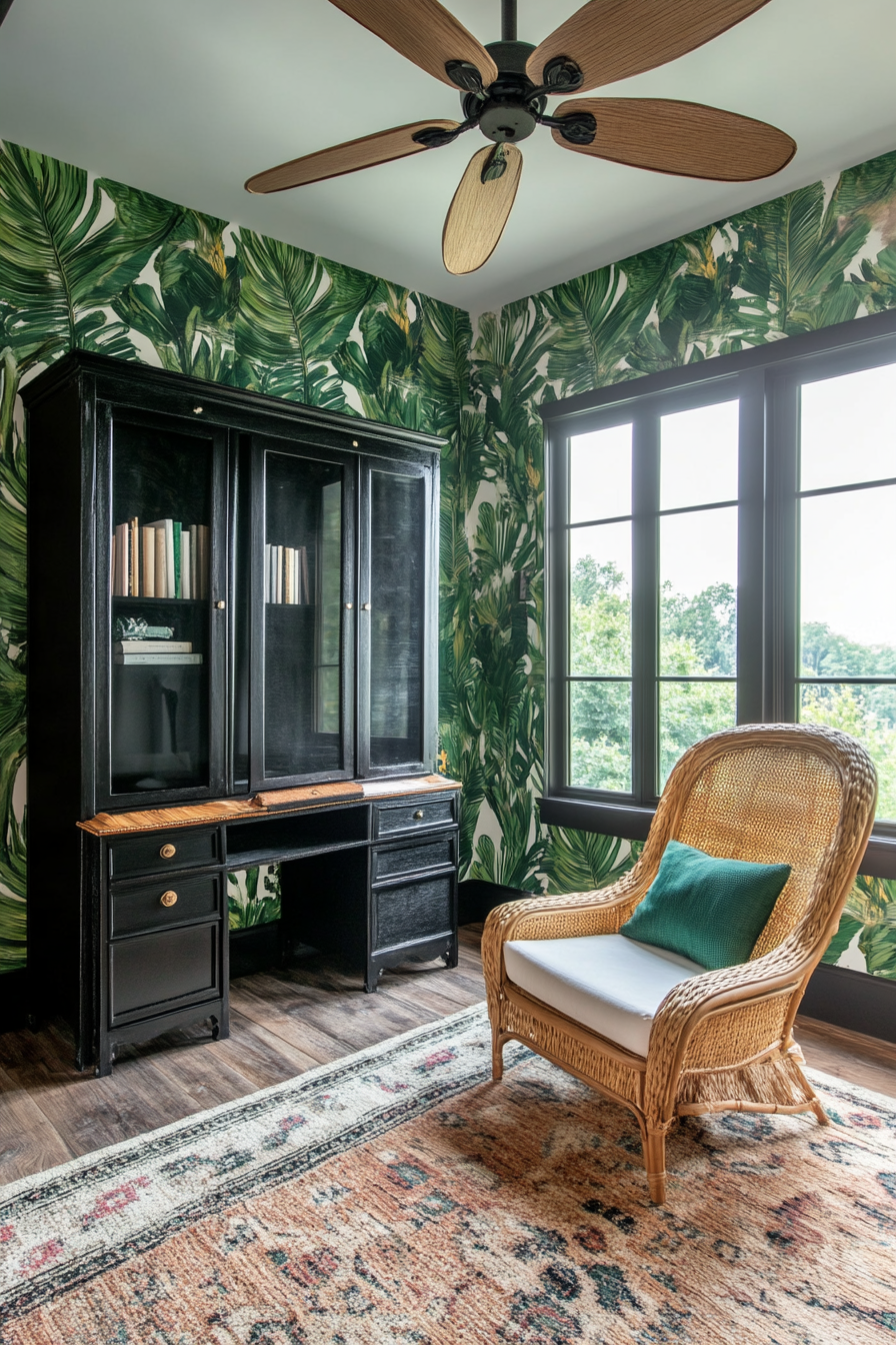 Tropical-modern tiny office. Peacock green leaf wallpaper with rattan escritoire and vaulted ceiling fan.