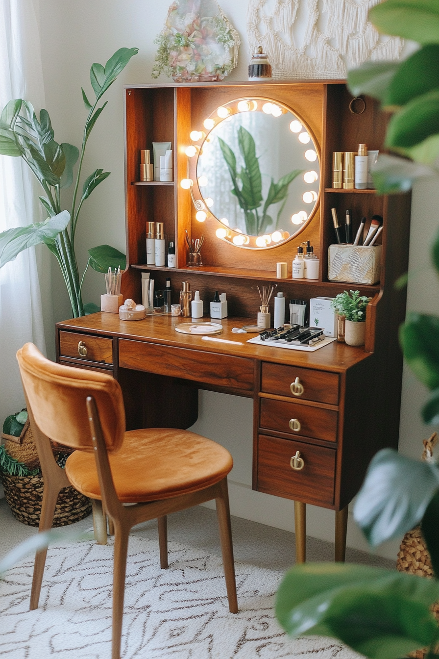 Bohemian Vanity. Teak wood makeup storage, embellished circle ring light, vintage-inspired folding mirror.