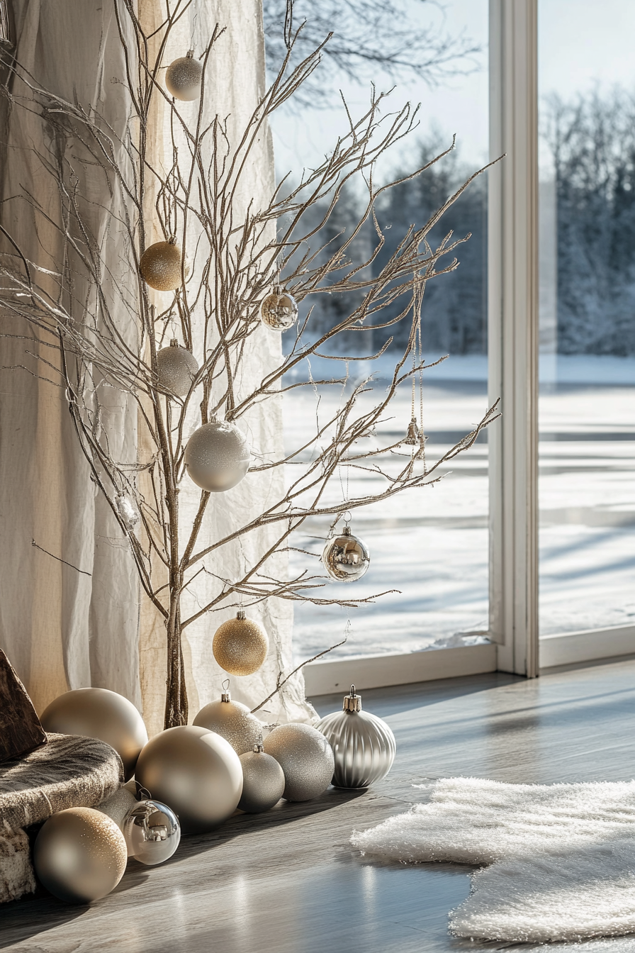 Wide angle view. Aluminum tree and retro ornaments in holiday interior by frozen lake.