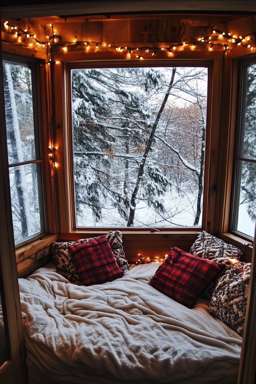 Festive sleeping nook. Flannel bedding, string lights, L-shaped bay window showing a snow-capped landscape.