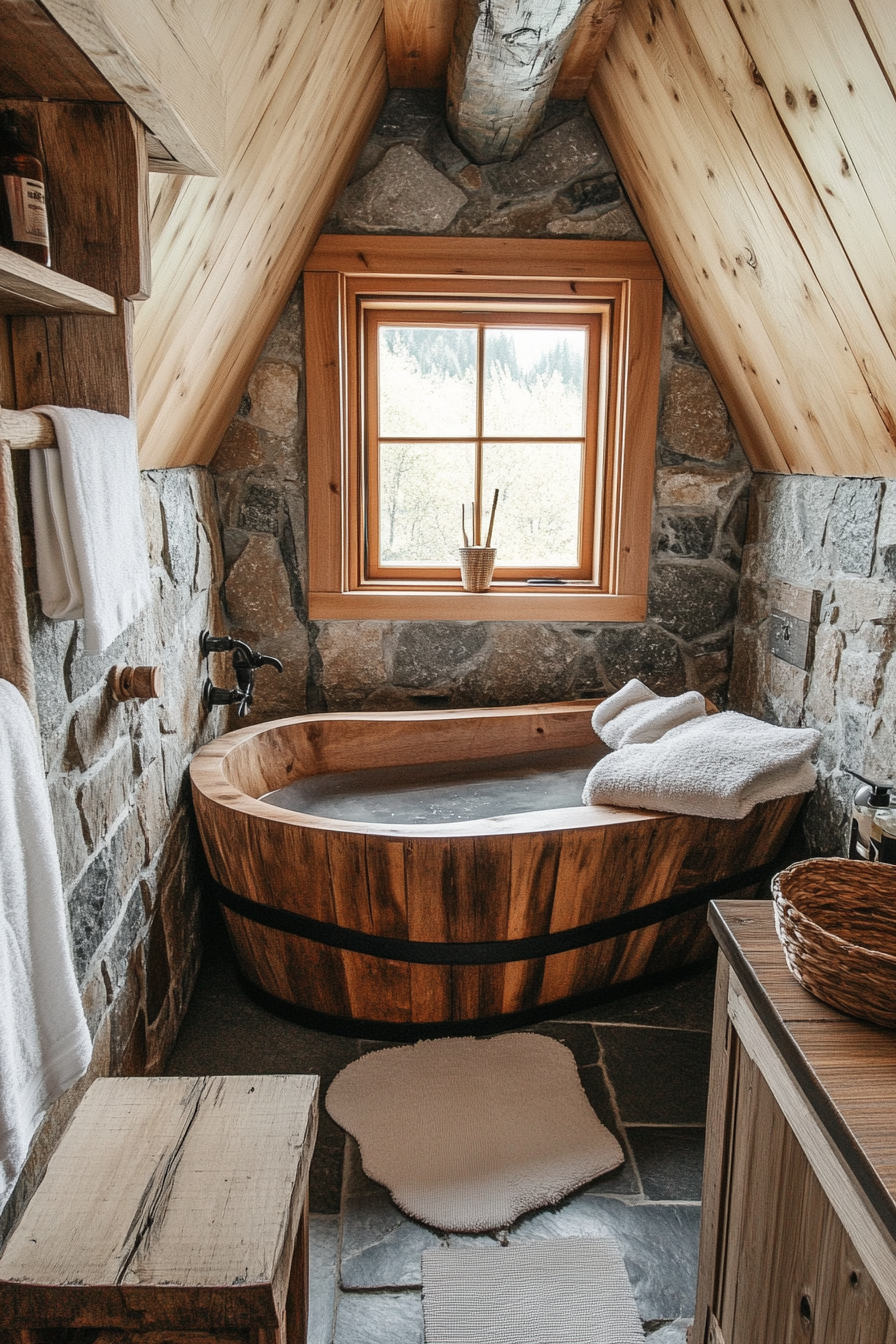 Wide angle view. Natural tiny house bathroom, wooden soaking tub, stone elements.