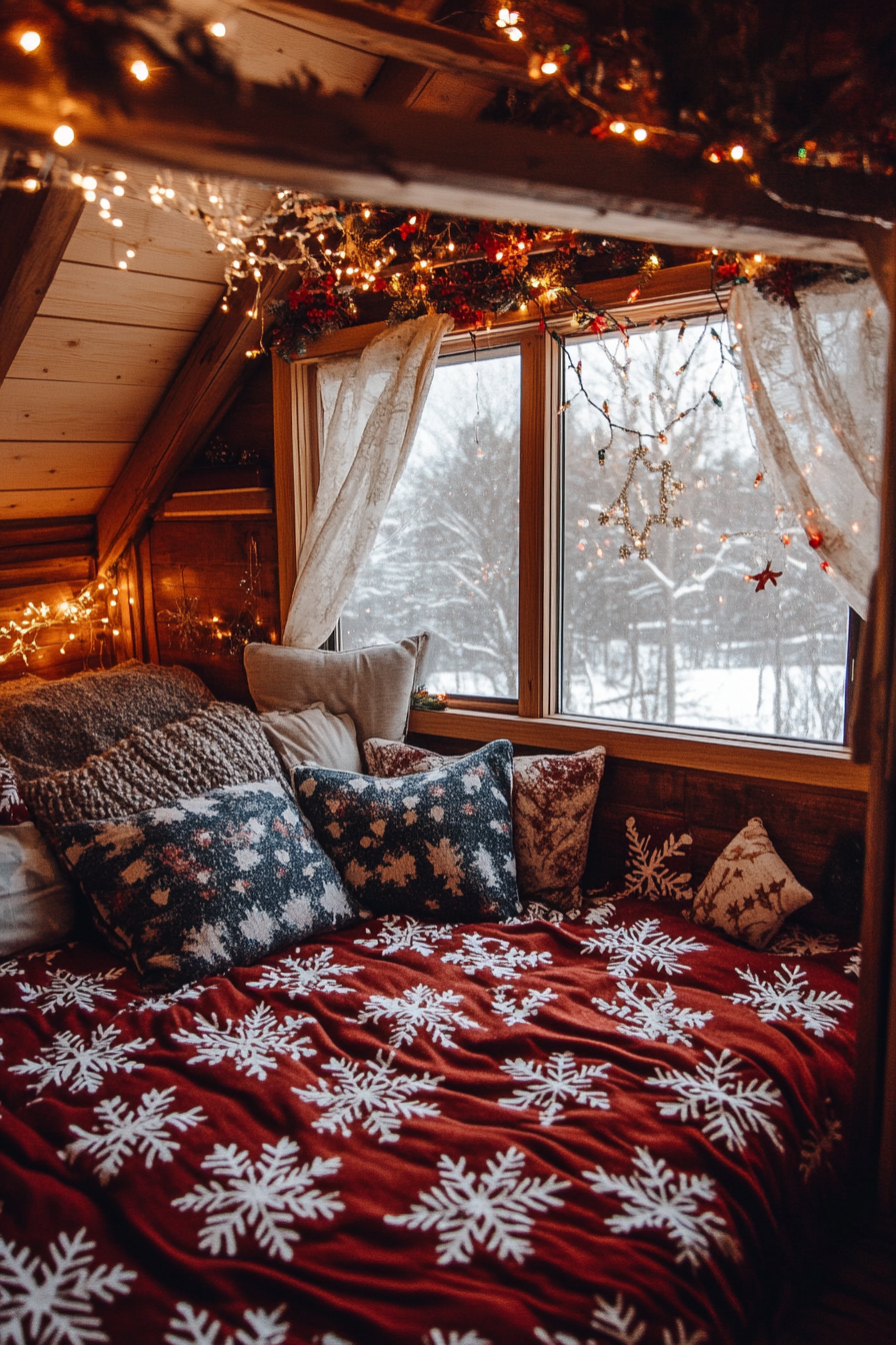 Wide angle view of festive nook. Snowflakes patterned flannel bedding with warm string lights.