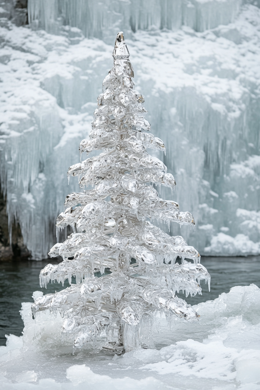 Retro-styled holiday interior. Aluminum Christmas tree beside an ice-crusted lake.