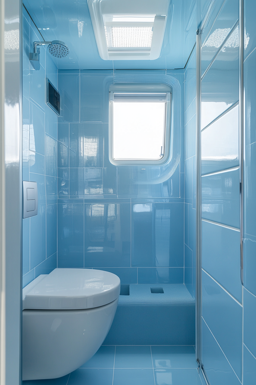 Contemporary camper bathroom. Pastel blue tiles, smart toilet, rainfall shower, hidden compartments.