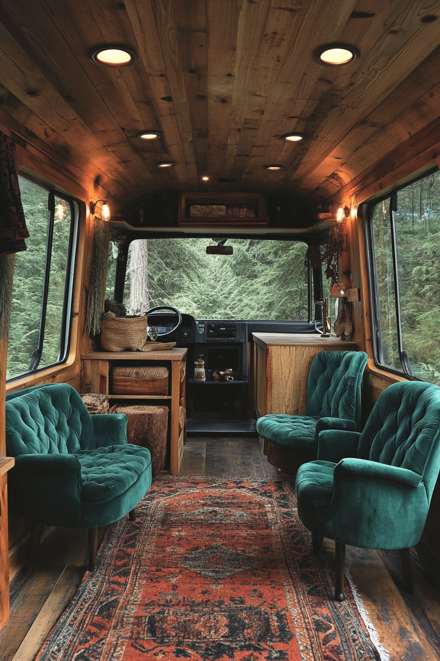 Van lounge. Pine paneling, velvet teal camp chairs, large windows revealing dense forest.