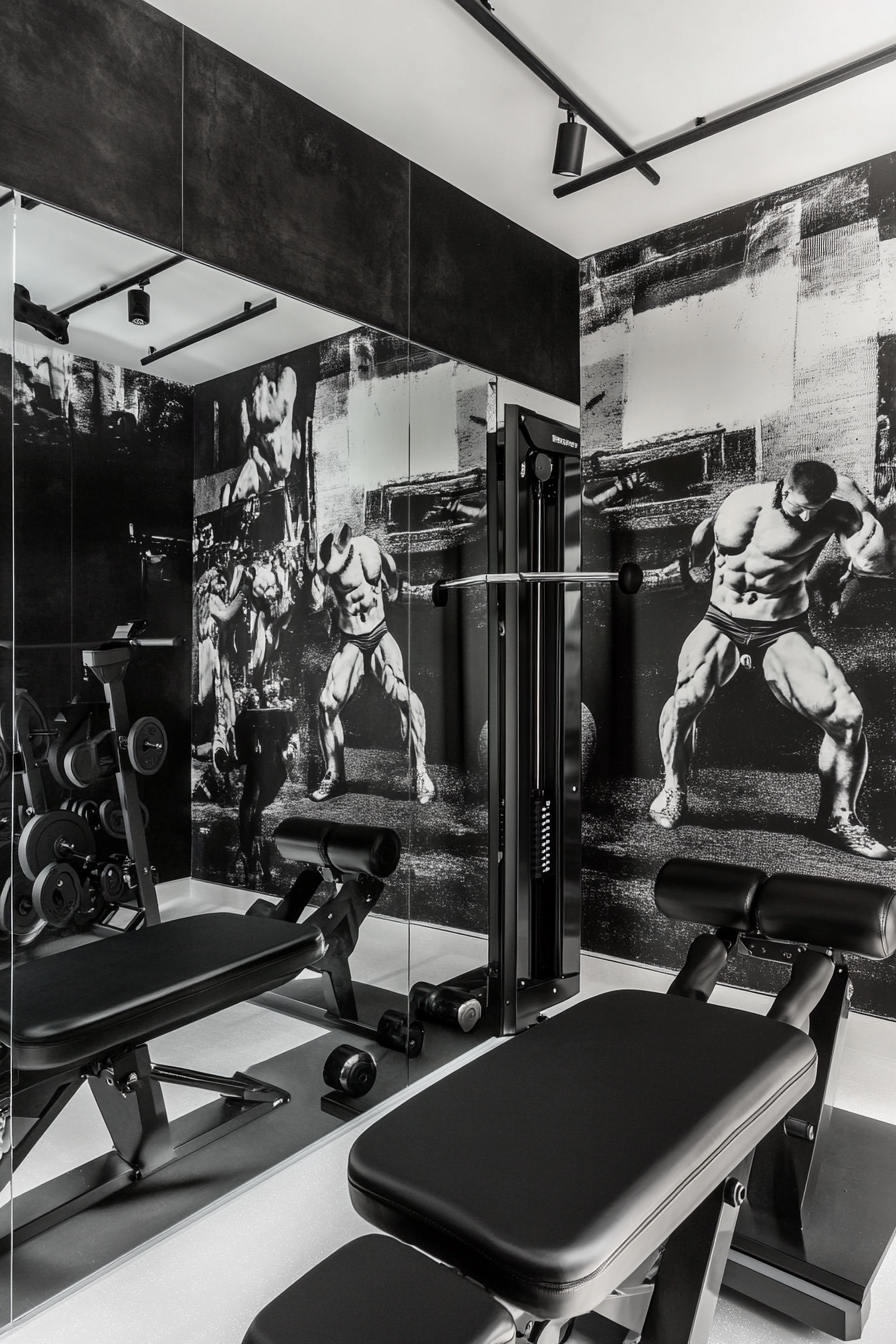 Contemporary tiny gym. Mirror wall with monochrome weight lifters' painting.